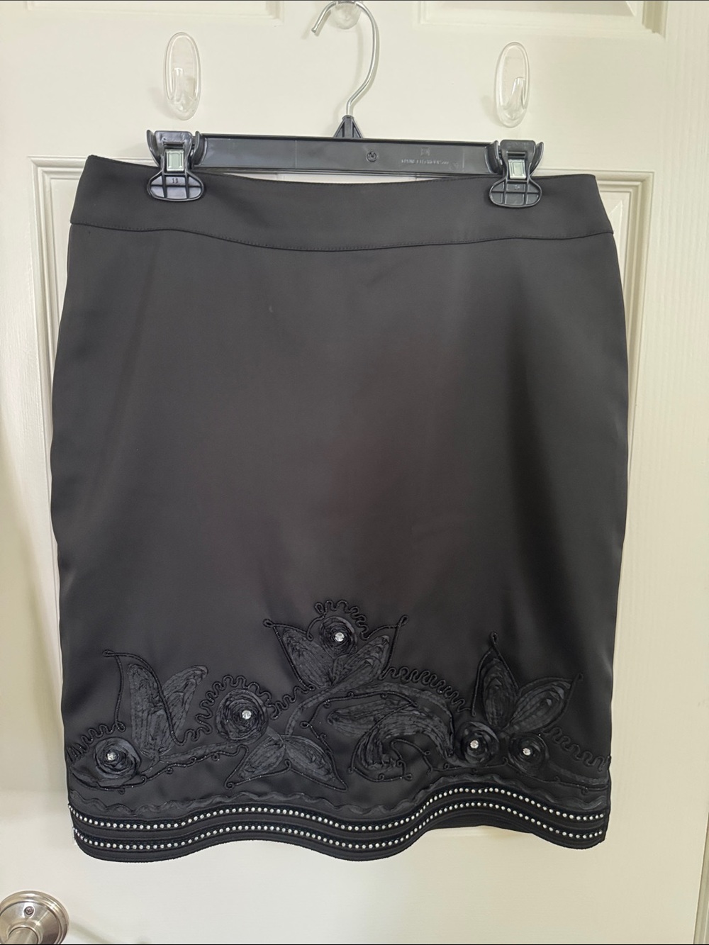 Black Embroidered Silk Pencil Skirt with Bead Detail